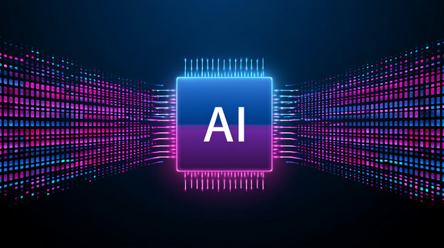 Artificial intelligence CPU microchip with glowing neon digital data streams.