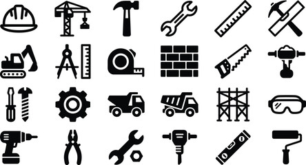  Construction and building tools black silhouettes vector icons set with helmet crane hammer wrench and excavator isolated on white background © SREE NOMITA RANI 1