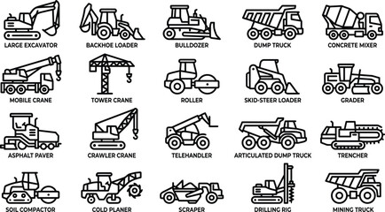  Heavy construction machinery and vehicles black line art icons set with large excavator bulldozer crane and text labels isolated on white background © SREE NOMITA RANI 1