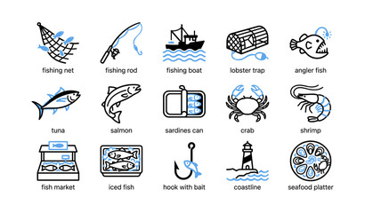 Fototapeta premium Fishing and seafood icons displayed in a four by four grid