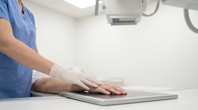 Radiographer positioning patient&rsquo;s hand on flat panel X-ray detector beneath overhead radiography machine in clinic, hand radiography and orthopedic diagnostic imaging concept.