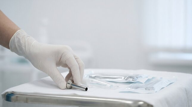 Clinician picking up a metal anoscope from sterile tray in clinic, proctology instrument preparation for rectal examination and colorectal diagnostics.