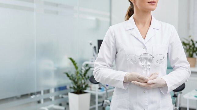 Gynecologist holding transparent anatomical uterus model in modern clinic, explaining female reproductive system, reproductive health and women&rsquo;s healthcare concept.
