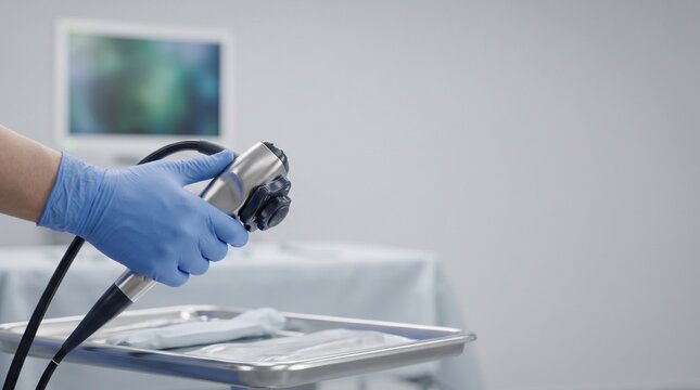 Gloved clinician holding flexible endoscope control handle over sterile tray in clinic, gastroenterology procedure equipment and minimally invasive diagnostics concept.