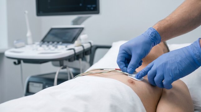 Clinician placing ECG electrodes on male patient&rsquo;s chest during cardiac monitoring exam in clinic, cardiology diagnostics and heart health concept.