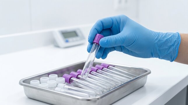 Gloved laboratory technician selecting an empty purple cap EDTA blood collection tube from sterile metal tray, phlebotomy, hematology testing and clinical diagnostics concept.