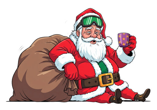 Weary santa claus with green ski goggles pushed up on his hat, slumped against a gift sack, holding a steaming star-patterned purple mug on a stark white background. Humorous post-delivery exhaustion