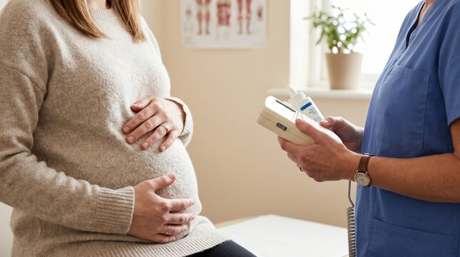 Midwife using handheld fetal Doppler monitor during prenatal checkup, examining pregnant belly in clinic, maternity care and fetal heartbeat monitoring concept.