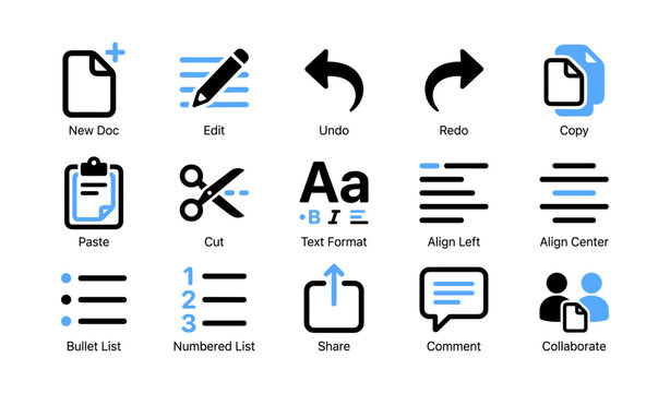 Document editing icons showing formatting and collaboration in grid