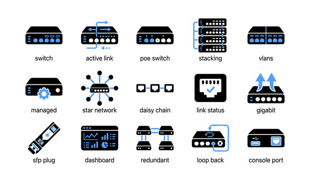 Network switch icons showing connectivity and port features on white