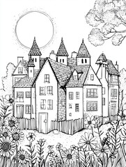 Naklejka premium Black and white coloring page named Housing depicting a dense hillside town with narrow European-style houses, pine trees, a bright sun, and foreground plants.