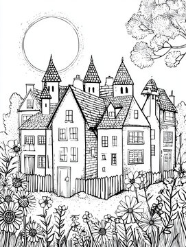 Black and white coloring page named Housing depicting a dense hillside town with narrow European-style houses, pine trees, a bright sun, and foreground plants.
