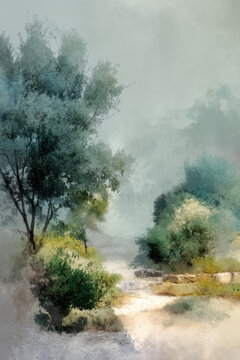 A soft, impressionistic watercolor painting of a dreamy landscape featuring trees shrouded in fog, delicate light effects, and a textured, ethereal atmosphere.