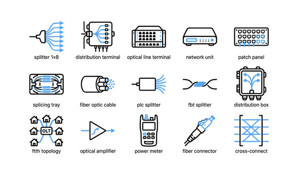 Fiber network equipment icons arranged in labeled grid
