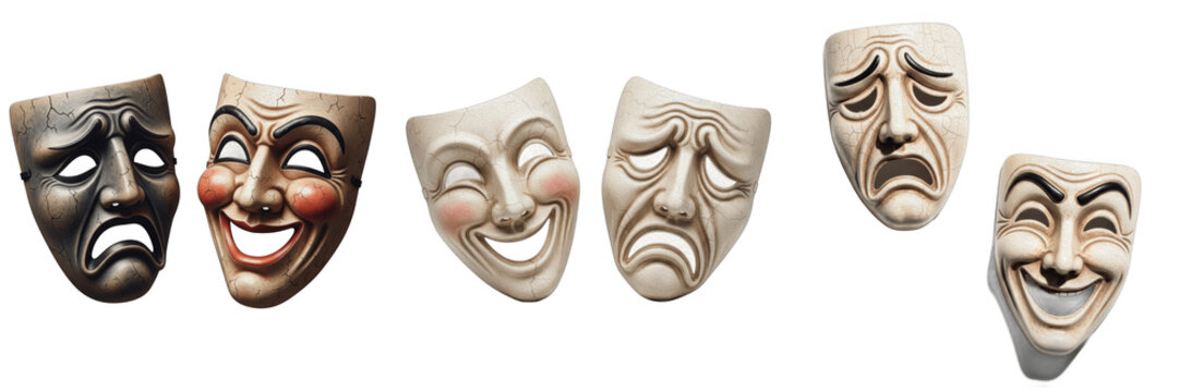 Classic Comedy and Tragedy Theater Masks Isolated PNG Asset, Ancient Greek Drama Performance Face Sculptures for Acting Stage Plays, Decorative Decorative Porcelain Melpomene and Thalia Set