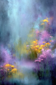A soft, impressionistic watercolor painting of a dreamy landscape featuring trees shrouded in fog, delicate light effects, and a textured, ethereal atmosphere.
