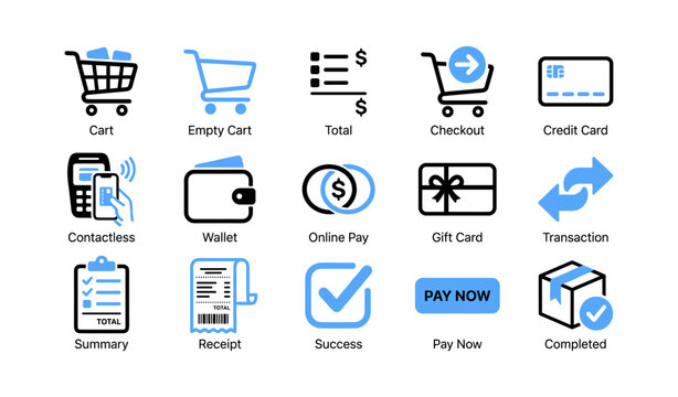 Payment and checkout icons arranged in rows on white background