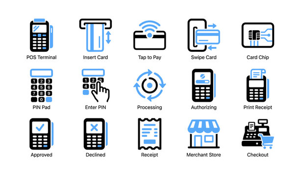 Pos terminals and payment process icons on white background