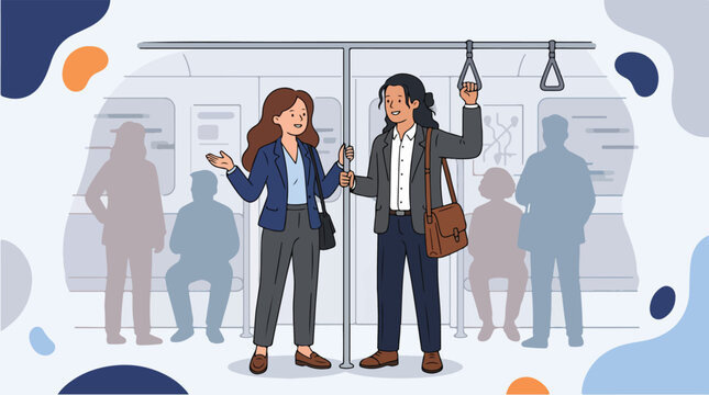 Illustration of a woman and man commuting on a train with other passengers in the background and colorful abstract
