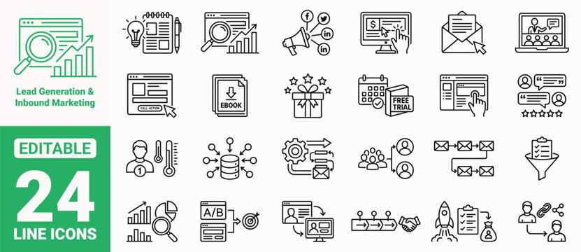 Lead Generation and Inbound Marketing Icon Set. Digital Sales Funnel, Email Campaign Automation, Call to Action, Free Trial, A/B Split Testing, and Business Line Vector Art