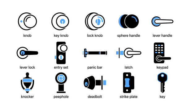 Door hardware icons showing knobs handles locks on white background