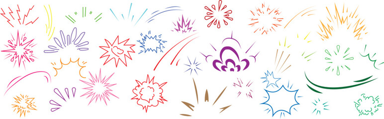 A large collection of multicolored hand-drawn comic book explosion and impact sound effect symbols isolated on a clean white background for © farhanatisha