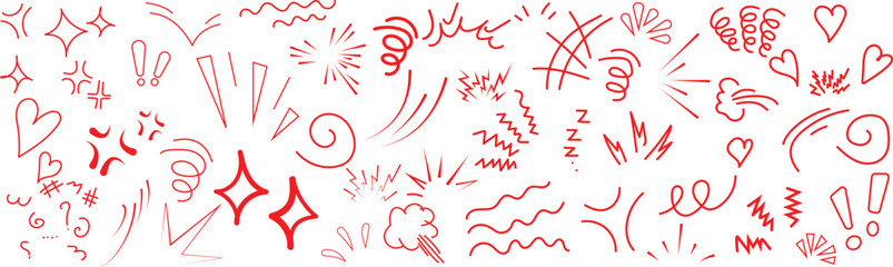Collection of hand drawn red ink comic book style emotion and action effect isolated on a white background, for use © farhanatisha