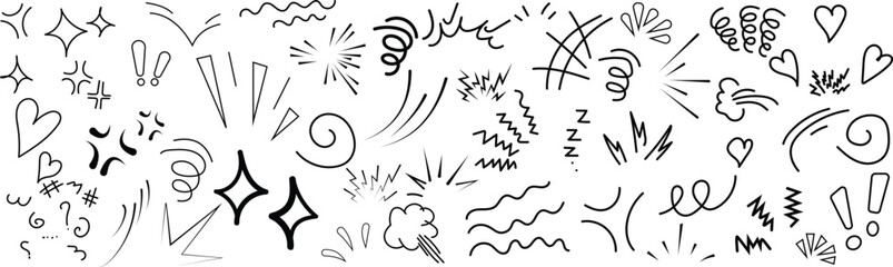 Collection of hand drawn black ink comic book style emotion and action effect isolated on a white background, for use © farhanatisha