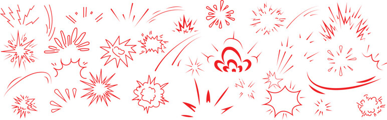A large collection of red hand-drawn comic book explosion and impact sound effect symbols isolated on a clean white background for © farhanatisha