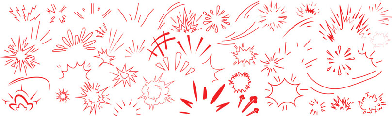 Collection of hand drawn red ink comic book style explosion and impact effect isolated on a white background, for use © farhanatisha