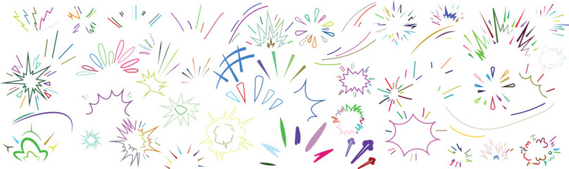 Collection of hand drawn colorful ink comic book style explosion and impact effect isolated on a white background, for use © farhanatisha