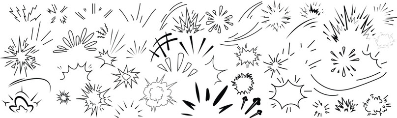 Collection of hand drawn black ink comic book style explosion and impact effect isolated on a white background, for use © farhanatisha