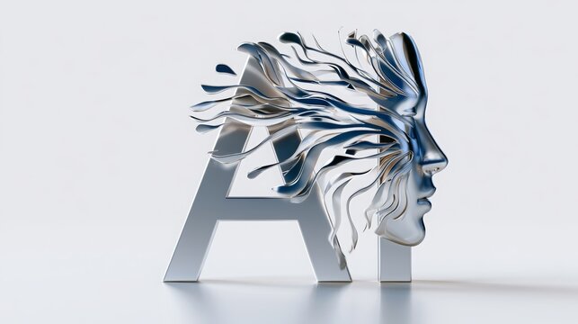 Artificial intelligence concept with metallic ai letters and a dissolving human face merging into abstract silver waves, symbolizing advanced machine learning