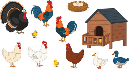 Cartoon farm animals with roosters, hens, ducks, chicks, turkey, eggs, and chicken coop for playful countryside artwork © MST RAMANA