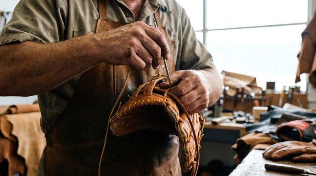 Artisan using a specialized needle tool to thread leather laces through a newly crafted baseball glove