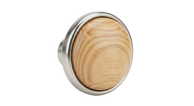 Round wooden cabinet knob with metal frame isolated on transparent background