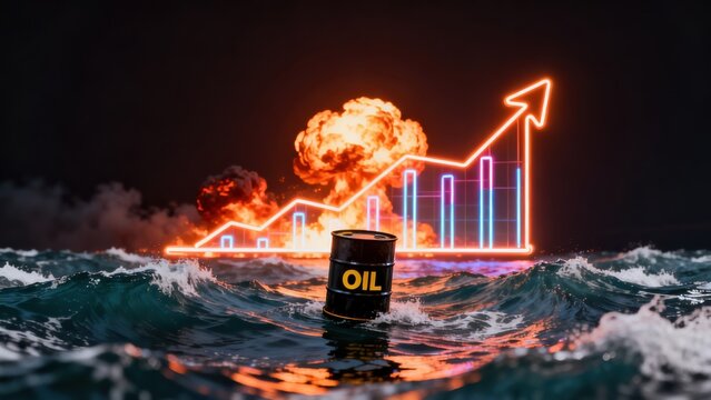 Oil barrel in ocean with explosion and graph