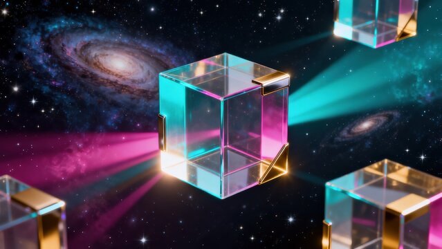 Glass cubes in space with galaxy