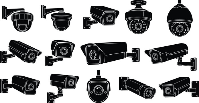 Collection of security camera silhouettes including dome, bullet, box-style surveillance designs with wall and ceiling mounts &ndash; black vector illustration set