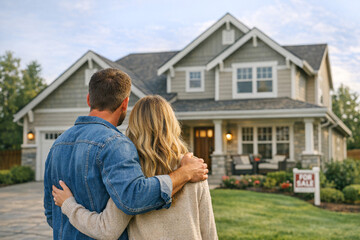 Fototapeta premium Couple stands together in front of a house with a for sale sign. The house has gray siding and white trim. It has a well-kept lawn and porch lights on. The couple appears happy and relaxed