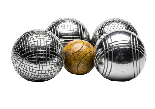 hyper-realistic close-up of four industrial steel grey p&eacute;tanque boules with etched grids tightly surrounding an oxidized yellow cochonnet on a high-gloss white surface with reflections and copy
