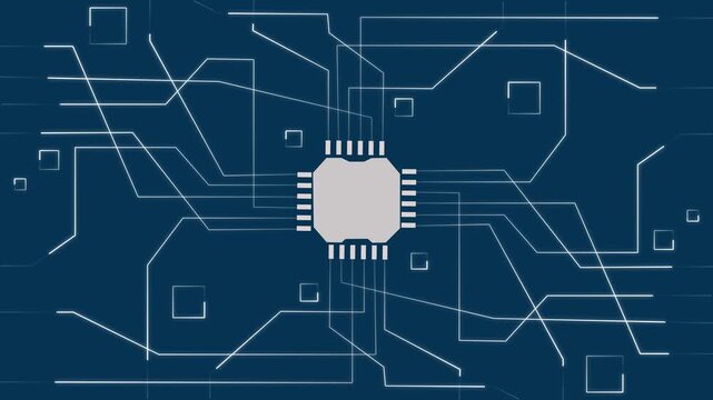 Microchip icon represents secure electronic system layouts on grid. Simple processing graphic tracks computer data. Animation microchip icon for hardware.