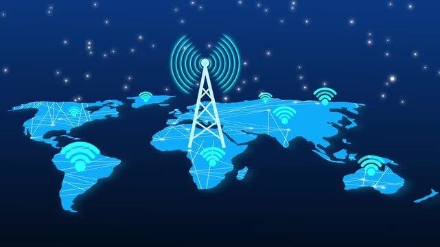 Communication tower links continents across earth networks. Satellite infrastructure views highlight internet coverage. Animated communication tower for data.