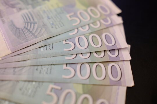 Close-up of 5000 Serbian dinar banknotes. Detailed view of Serbian 5000 dinar banknotes. Five thousand bill serbian money