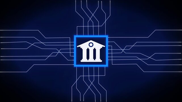 Banking graphics protect electronic retail commerce data. Bank building icon links to advanced microchip hardware paths. Animation banking graphics for protection.