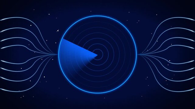 Radar interface overlays complex navigation vector metrics on grid. Digital radar scanner monitors tracking paths. Animation radar interface defense scan.