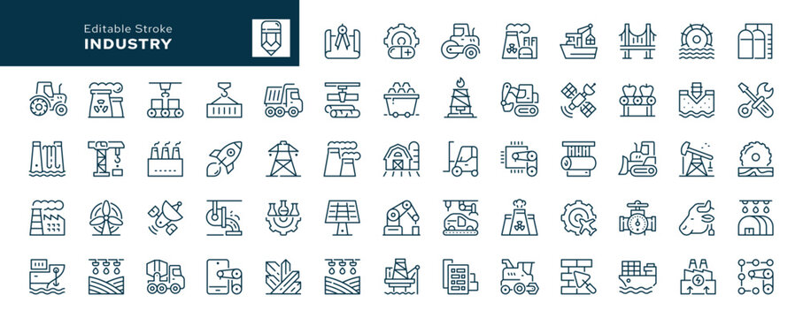 Industry outline icons set. Light and heavy industry, production, plant and factory. Line icon in linear style. Vector collection