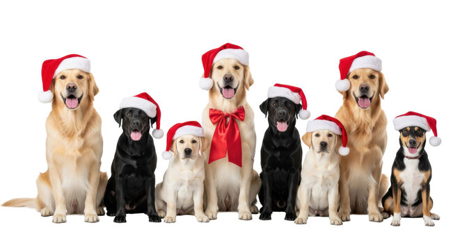 Eight well-groomed dogs (golden retrievers, labrador puppies, mixed-breeds) wearing plush crimson santa hats and bow ties, looking into the camera on a reflective white floor. Cheerful holiday pet