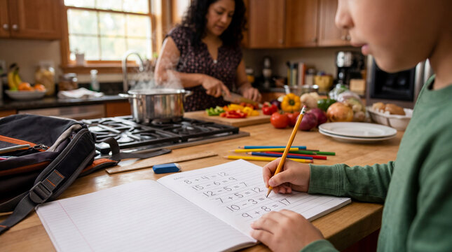 Hispanic boy doing math homework at the kitchen counter while his mother prepares dinner after school