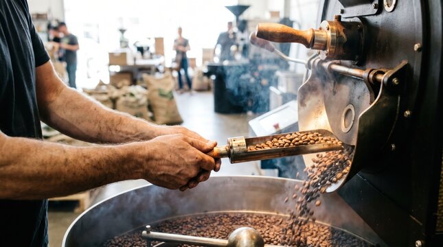 Coffee roaster using a trier scoop to check the roast level of hot coffee beans